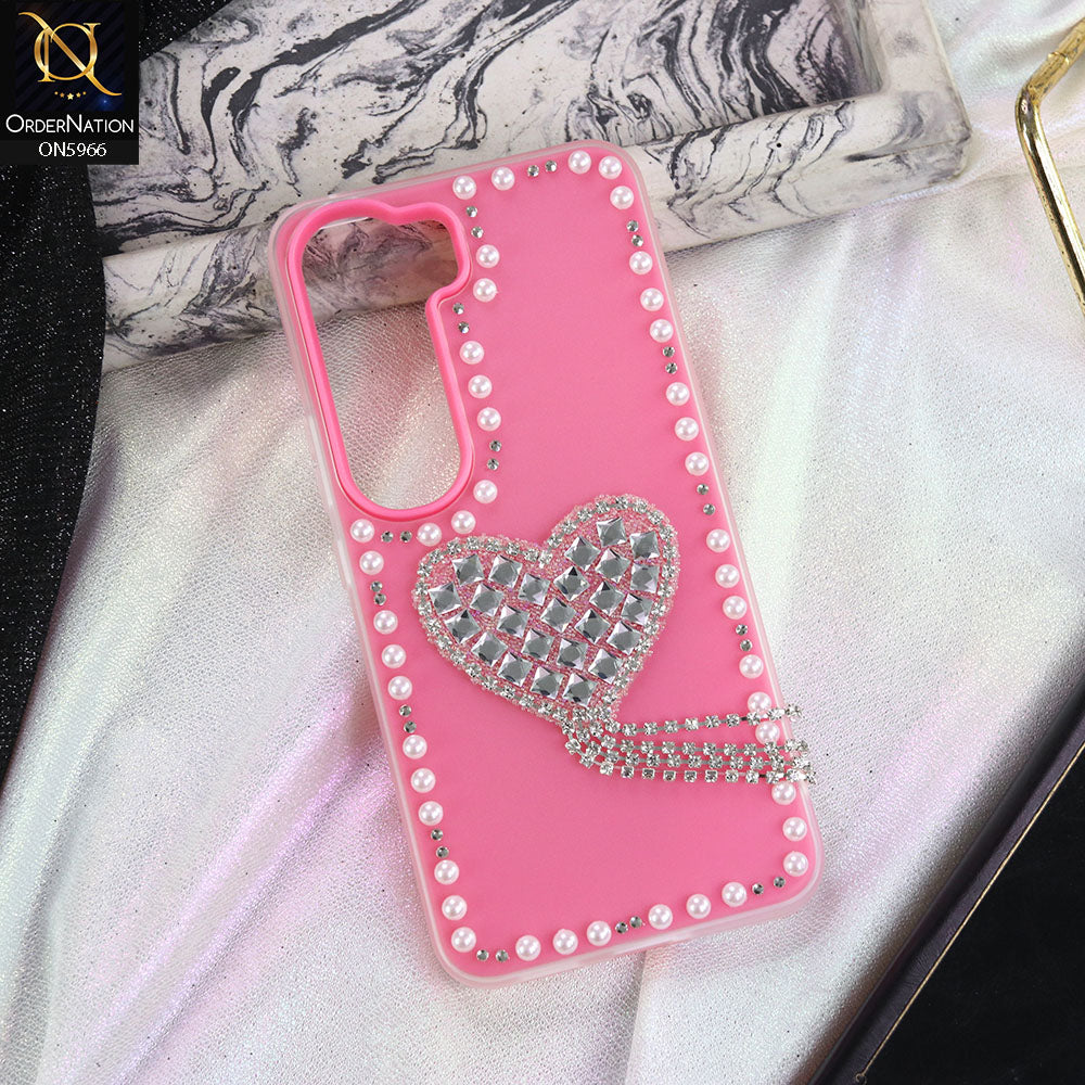 Vivo Y400 4G Cover - Pink -  Stuninng Pearls And Heart Shaped RhineStones Hard Case With Double Protective Layers