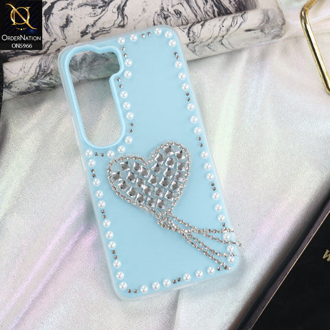 Vivo Y400 4G Cover - SkyBlue -  Stuninng Pearls And Heart Shaped RhineStones Hard Case With Double Protective Layers
