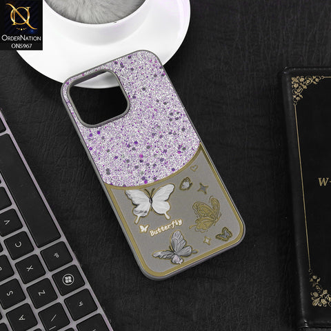iPhone 15 Pro Cover - Gray -  New Trendy Butterfly Moeity Glitter Soft Borders Shiny Case