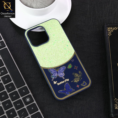 iPhone 15 Pro Max Cover - Blue -  New Trendy Butterfly Moeity Glitter Soft Borders Shiny Case