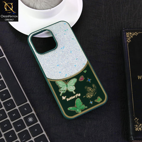 iPhone 15 Pro Max Cover - Green -  New Trendy Butterfly Moeity Glitter Soft Borders Shiny Case