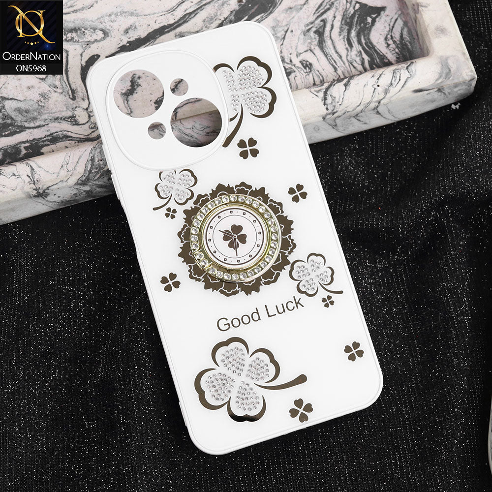 Tecno Spark Go 1 Cover - White -  New Trendy Good Luck Soft Bordered Shiny Case With Rhinestoned Metal Ring