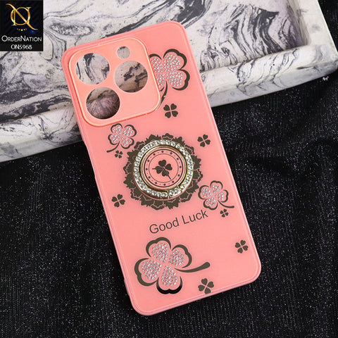 Realme C61 Cover - Pink -  New Trendy Good Luck Soft Bordered Shiny Case With Rhinestoned Metal Ring