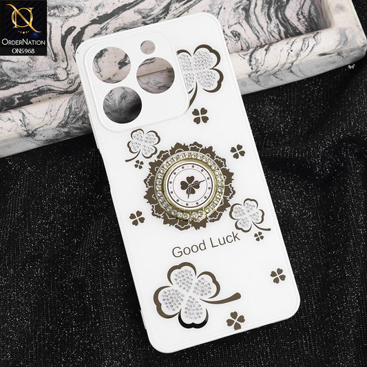Realme C61 Cover - White -  New Trendy Good Luck Soft Bordered Shiny Case With Rhinestoned Metal Ring