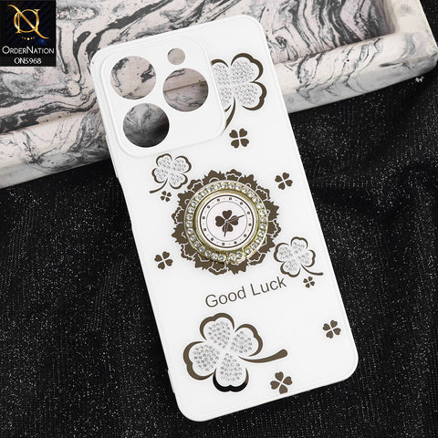 Realme C61 Cover - White -  New Trendy Good Luck Soft Bordered Shiny Case With Rhinestoned Metal Ring
