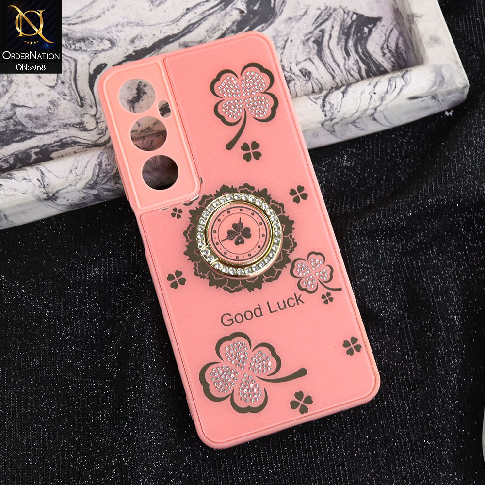 Realme C65 Cover - Pink -  New Trendy Good Luck Soft Bordered Shiny Case With Rhinestoned Metal Ring