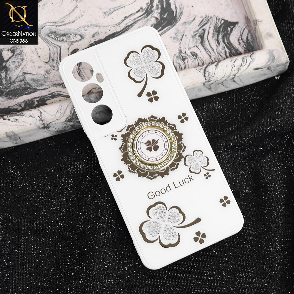Realme C65 Cover - White -  New Trendy Good Luck Soft Bordered Shiny Case With Rhinestoned Metal Ring
