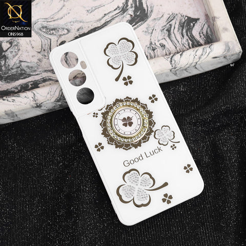 Realme C65 Cover - White -  New Trendy Good Luck Soft Bordered Shiny Case With Rhinestoned Metal Ring