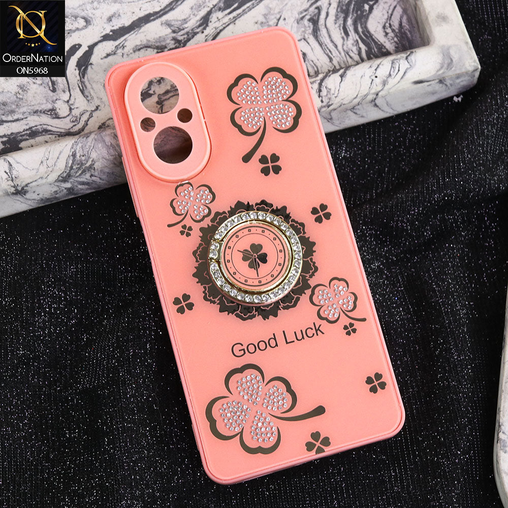 Realme C67 Cover - Pink -  New Trendy Good Luck Soft Bordered Shiny Case With Rhinestoned Metal Ring