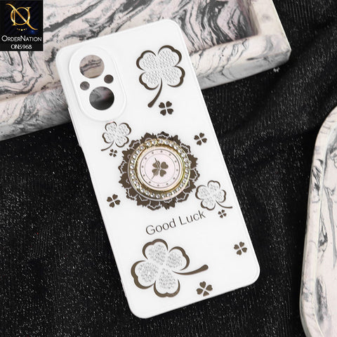 Realme C67 Cover - White -  New Trendy Good Luck Soft Bordered Shiny Case With Rhinestoned Metal Ring