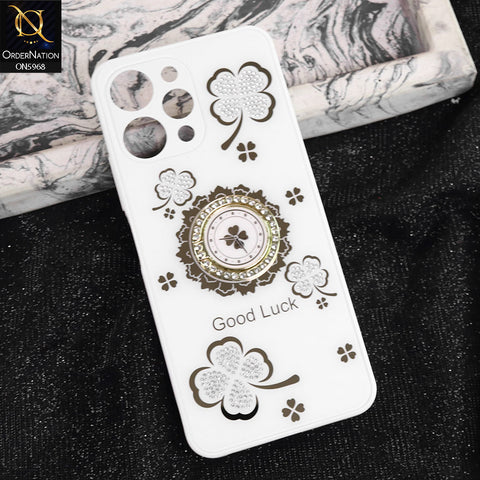 Xiaomi Redmi 12 Cover - White -  New Trendy Good Luck Soft Bordered Shiny Case With Rhinestoned Metal Ring