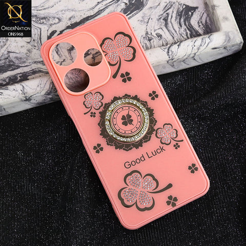Xiaomi Redmi Note 13R Cover - Pink -  New Trendy Good Luck Soft Bordered Shiny Case With Rhinestoned Metal Ring