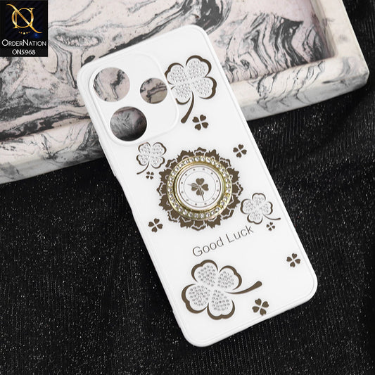Xiaomi Redmi Note 13R Cover - White -  New Trendy Good Luck Soft Bordered Shiny Case With Rhinestoned Metal Ring