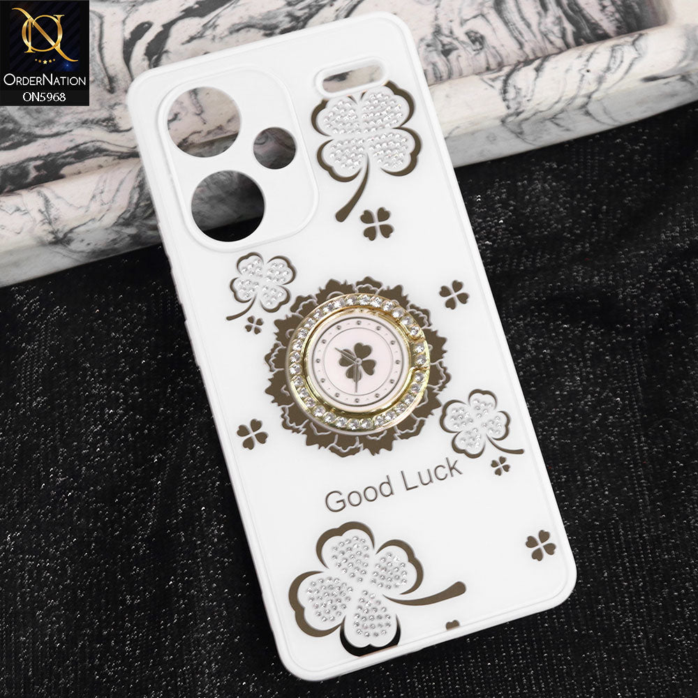 Xiaomi Redmi Note 13 Pro Plus 5G XFF Edition Cover - White -  New Trendy Good Luck Soft Bordered Shiny Case With Rhinestoned Metal Ring
