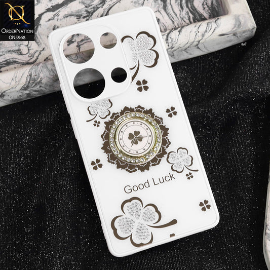 Xiaomi Poco M6 Pro 4G Cover - White -  New Trendy Good Luck Soft Bordered Shiny Case With Rhinestoned Metal Ring
