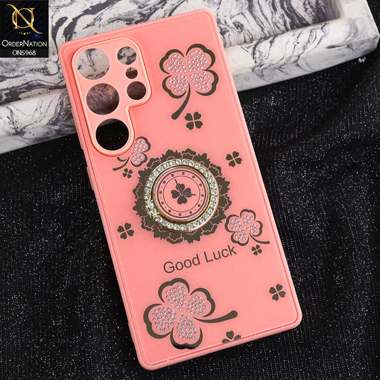 Samsung Galaxy S25 Ultra Cover - Pink -  New Trendy Good Luck Soft Bordered Shiny Case With Rhinestoned Metal Ring