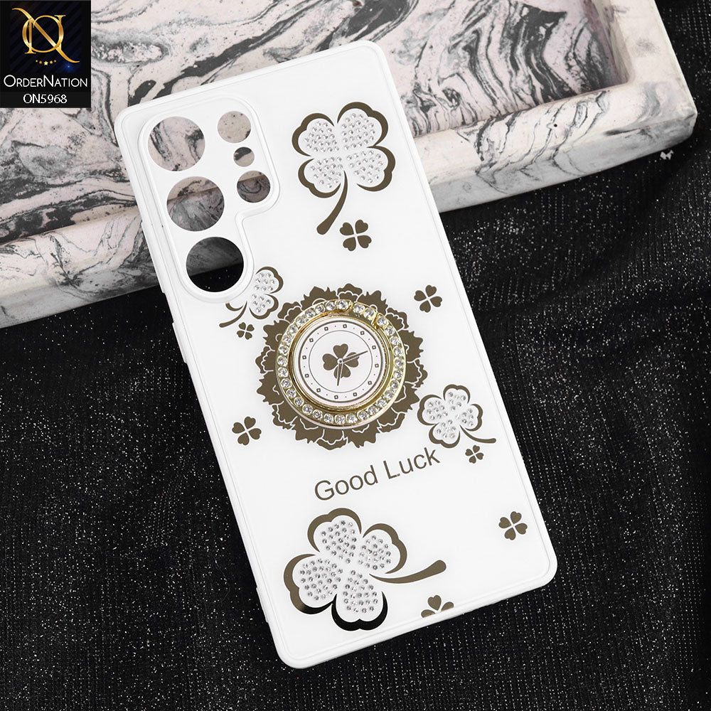 Samsung Galaxy S25 Ultra Cover - White -  New Trendy Good Luck Soft Bordered Shiny Case With Rhinestoned Metal Ring