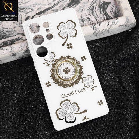 Samsung Galaxy S25 Ultra Cover - White -  New Trendy Good Luck Soft Bordered Shiny Case With Rhinestoned Metal Ring