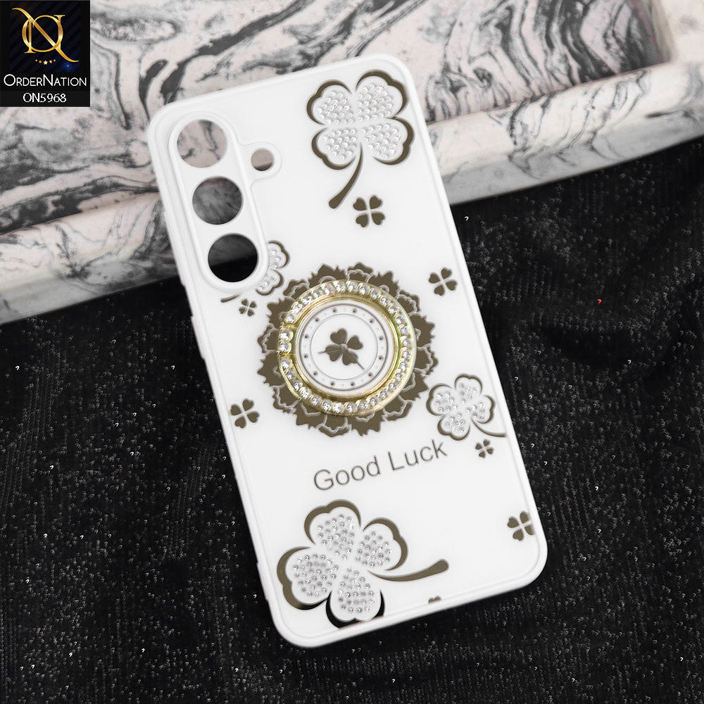 Samsung Galaxy M17 Cover - White -  New Trendy Good Luck Soft Bordered Shiny Case With Rhinestoned Metal Ring