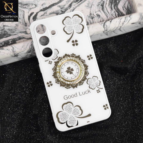 Samsung Galaxy M17 Cover - White -  New Trendy Good Luck Soft Bordered Shiny Case With Rhinestoned Metal Ring