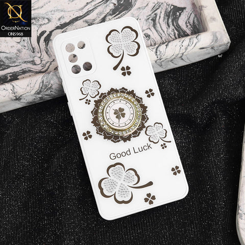 Samsung Galaxy A31 Cover - White -  New Trendy Good Luck Soft Bordered Shiny Case With Rhinestoned Metal Ring
