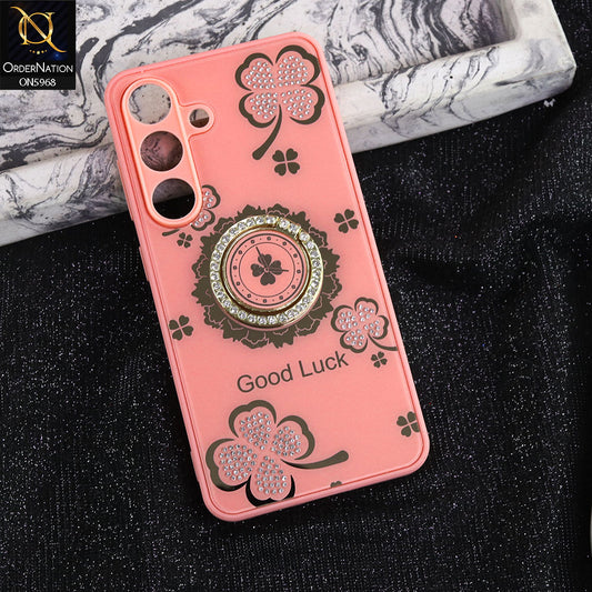 Samsung Galaxy A36 Cover - Pink -  New Trendy Good Luck Soft Bordered Shiny Case With Rhinestoned Metal Ring