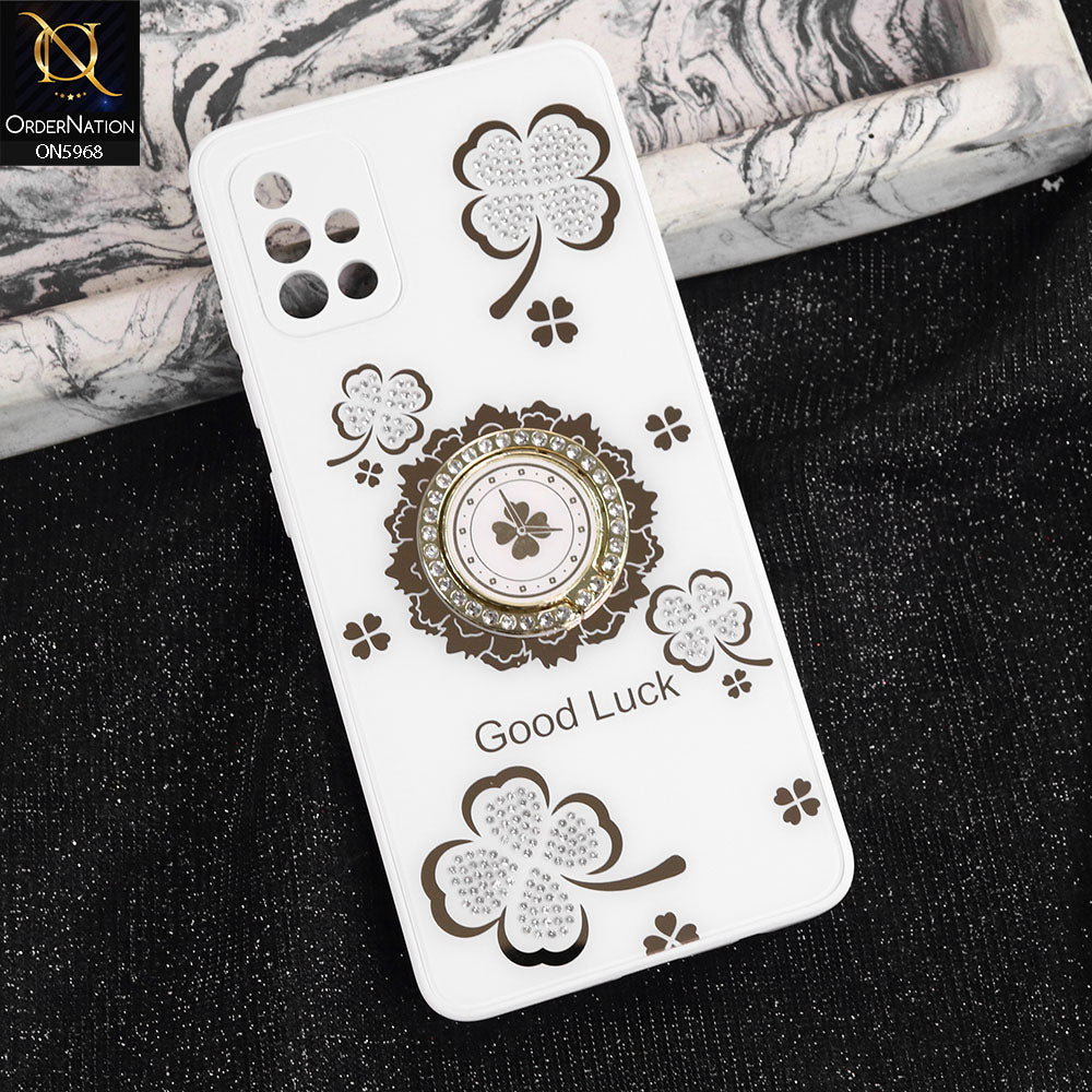 Samsung Galaxy A51 Cover - White -  New Trendy Good Luck Soft Bordered Shiny Case With Rhinestoned Metal Ring