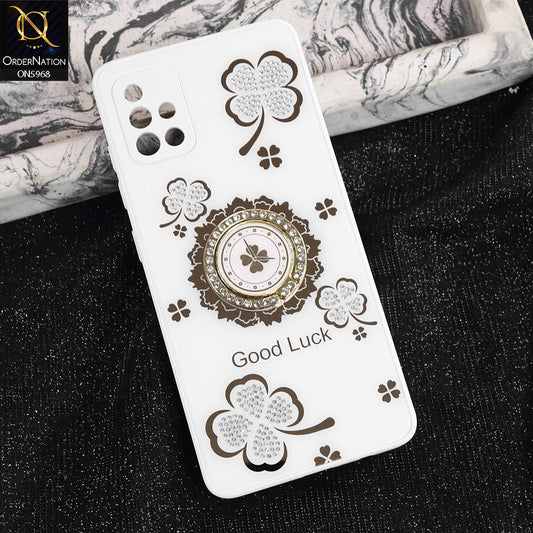 Samsung Galaxy A51 Cover - White -  New Trendy Good Luck Soft Bordered Shiny Case With Rhinestoned Metal Ring