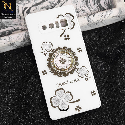 Samsung Galaxy Note 8 Cover - White -  New Trendy Good Luck Soft Bordered Shiny Case With Rhinestoned Metal Ring