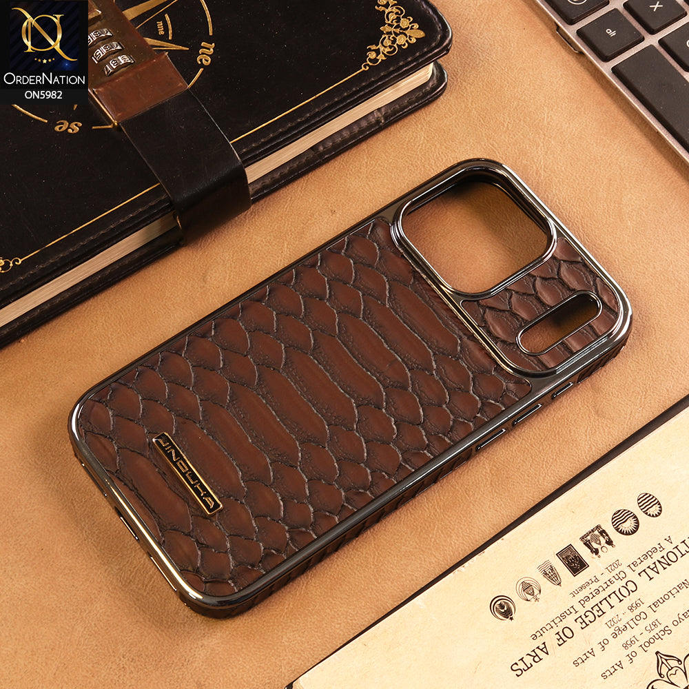 iPhone 17 Pro Max Cover -  Coffee - New Jinduka Metallic Border Leather Protective Case