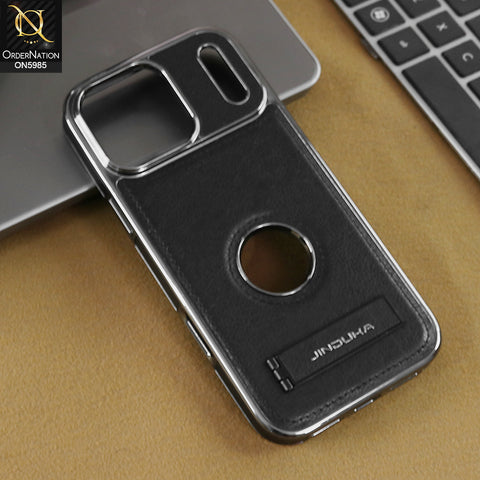 iPhone 17 Pro Max - Black - New Jinduka Luxury Metallic Frame Leather Protective Case With Kickstand