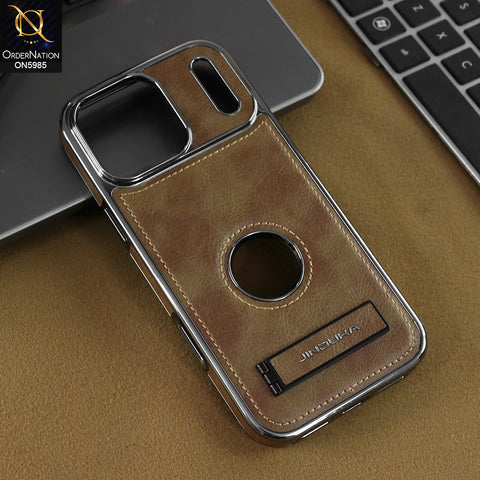 iPhone 17 Pro Max - Brown - New Jinduka Luxury Metallic Frame Leather Protective Case With Kickstand