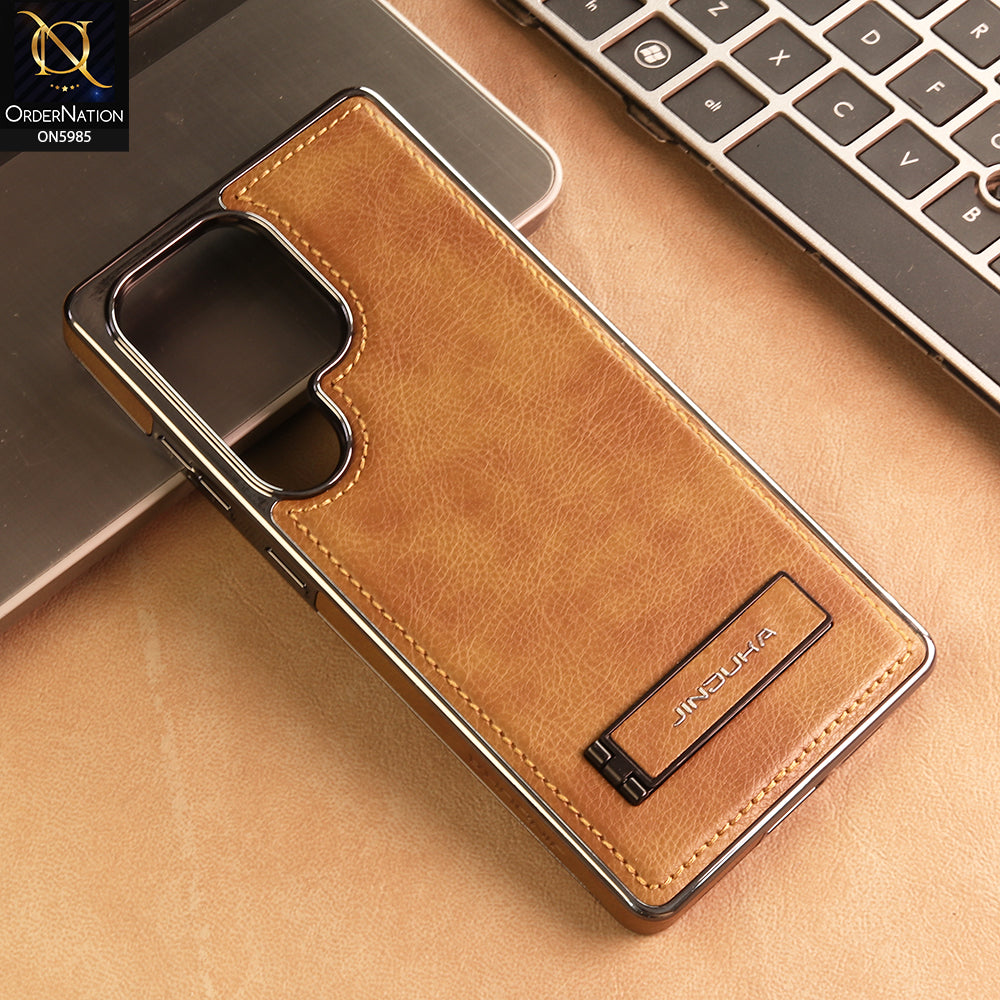 Samsung Galaxy S25 Ultra Cover -  Brown - New JINDUKA Luxury Metallic Frame Leather Protective Case With Kickstand