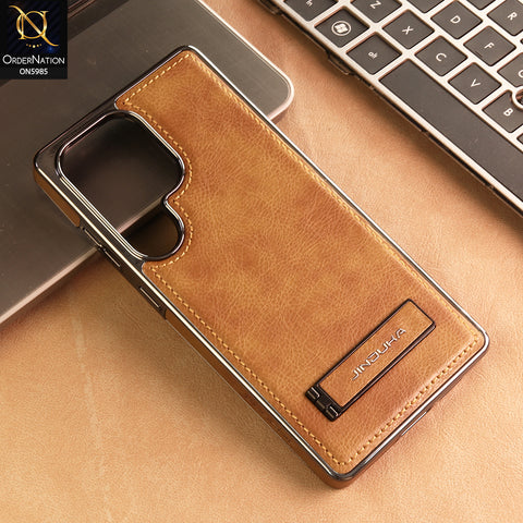 Samsung Galaxy S25 Ultra Cover -  Brown - New JINDUKA Luxury Metallic Frame Leather Protective Case With Kickstand