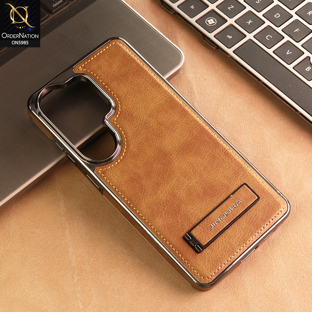 Samsung Galaxy S26 Ultra Cover -  Brown - New JINDUKA Luxury Metallic Frame Leather Protective Case With Kickstand