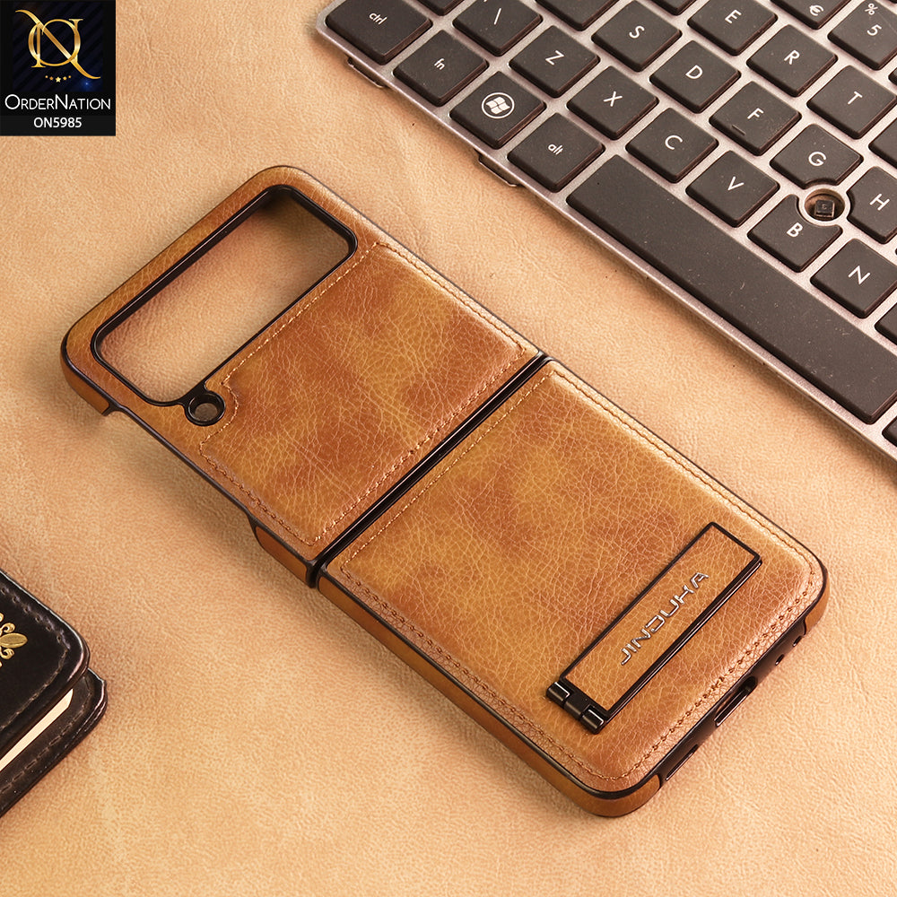 Samsung Galaxy Z Flip 3 5G Cover -  Brown - New JINDUKA Luxury Metallic Frame Leather Protective Case With Kickstand