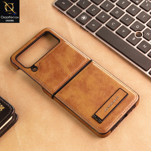 Samsung Galaxy Z Flip 3 5G Cover -  Brown - New JINDUKA Luxury Metallic Frame Leather Protective Case With Kickstand