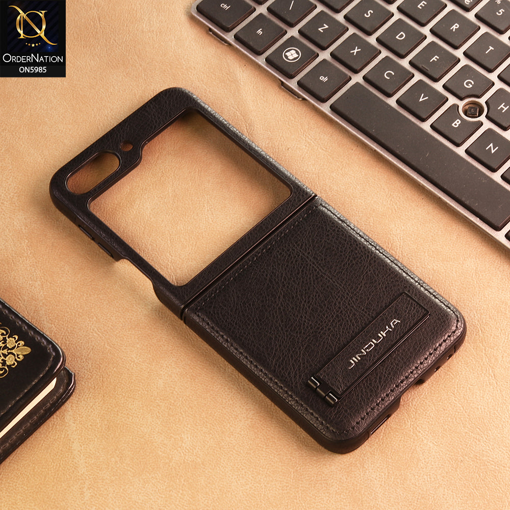 Samsung Galaxy Z Flip 5 5G Cover -  Black - New JINDUKA Luxury Metallic Frame Leather Protective Case With Kickstand
