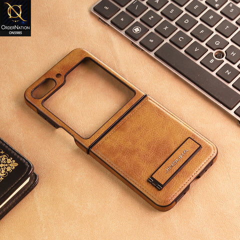 Samsung Galaxy Z Flip 5 5G Cover -  Brown - New JINDUKA Luxury Metallic Frame Leather Protective Case With Kickstand