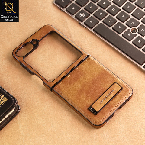 Samsung Galaxy Z Flip 6 Cover -  Brown - New JINDUKA Luxury Metallic Frame Leather Protective Case With Kickstand