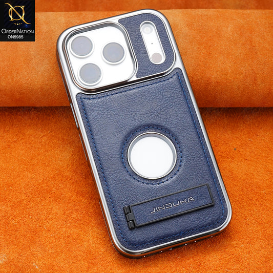 iPhone 17 Pro Max - Blue - New Jinduka Luxury Metallic Frame Leather Protective Case With Kickstand