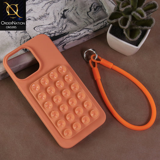 iPhone 15 Pro Max Cover - Orange - Premium Silicone Shockproof Stand Case Multi-Suction Grip with Hand Loop