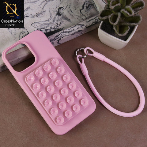 iPhone 15 Pro Max Cover - Pink - Premium Silicone Shockproof Stand Case Multi-Suction Grip with Hand Loop