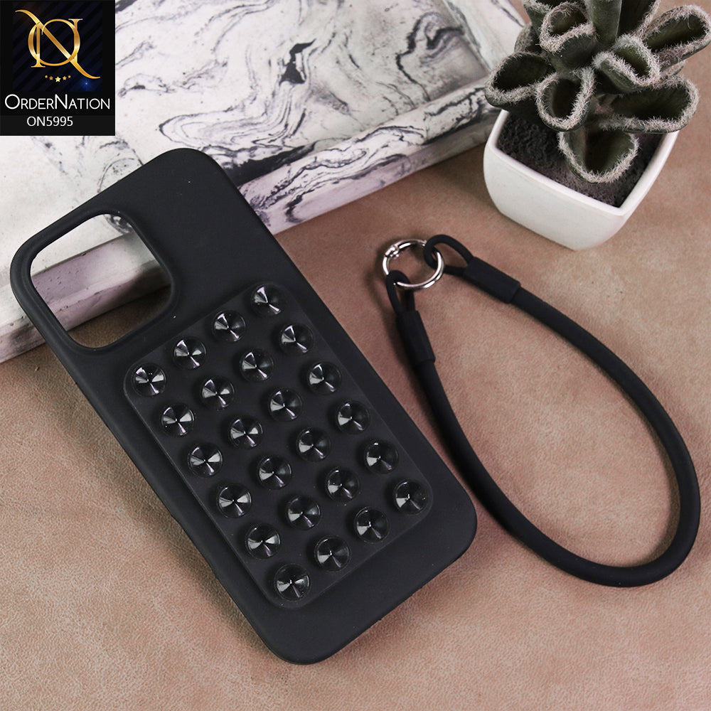 iPhone 15 Pro Max Cover - Black - Premium Silicone Shockproof Stand Case Multi-Suction Grip with Hand Loop