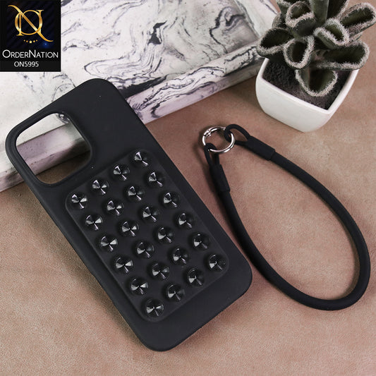 iPhone 15 Pro Max Cover - Black - Premium Silicone Shockproof Stand Case Multi-Suction Grip with Hand Loop