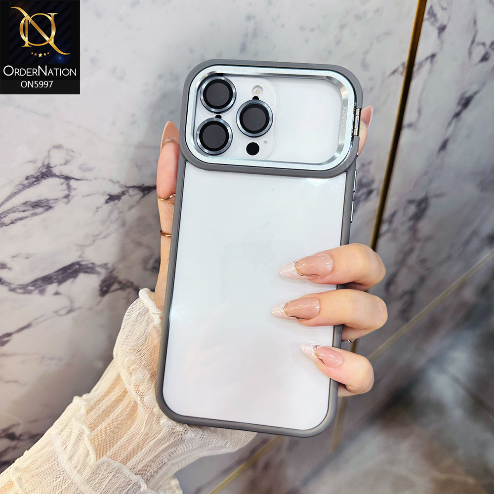 iPhone 17 Pro Max Cover - Grey - New Crystal Metal Stand Case With Camera Lens Protector
