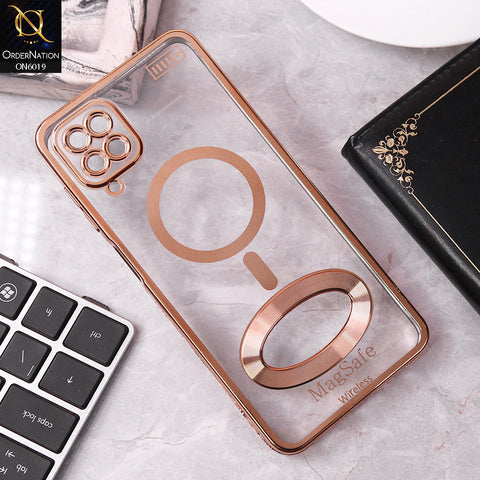 Samsung Galaxy A12 Cover - Golden - Transparent Electroplating Borders Soft Silicon Magsafe Style Case With Camera Protection