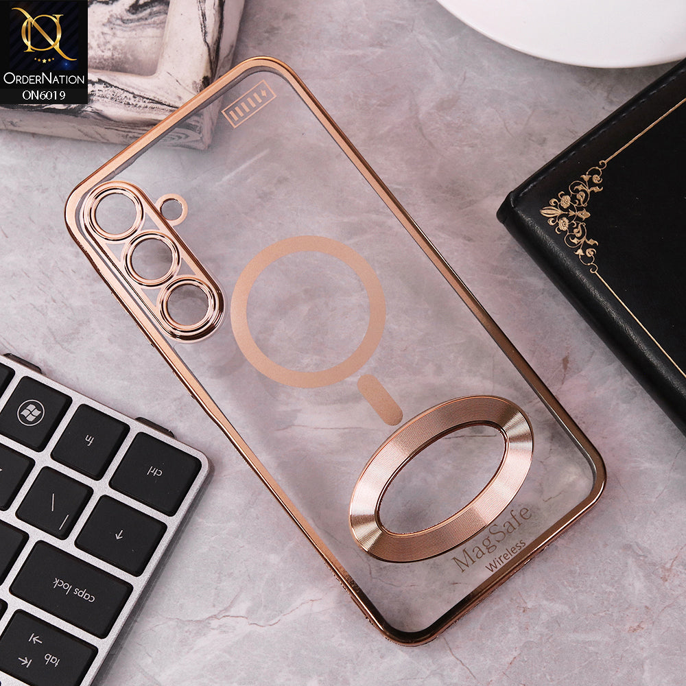 Samsung Galaxy A55 Cover - Golden - Transparent Electroplating Borders Soft Silicon Magsafe Style Case With Camera Protection