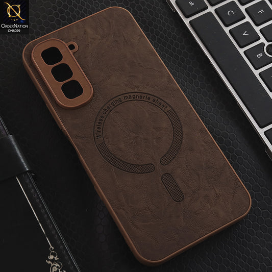 Infinix Hot 70 Cover - Brown - Elite Leather Finish Magnetic Wireless Charging Compatible Anti Shock Protective Back Cover