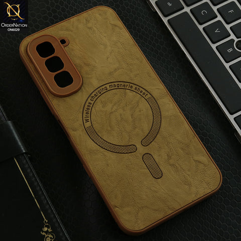 Infinix Hot 70 Cover - Light Brown - Elite Leather Finish Magnetic Wireless Charging Compatible Anti Shock Protective Back Cover